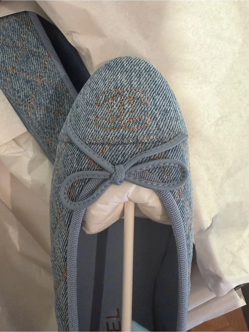Chanel Light Blue Quilted Denim Ballet Flats